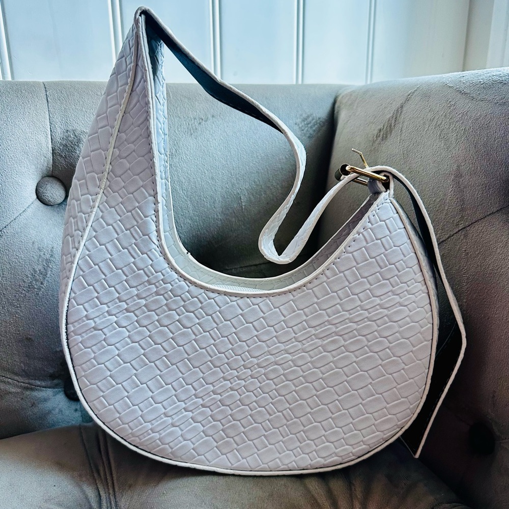 Women’s Crescent Shoulder Bag - White Croc Embossed